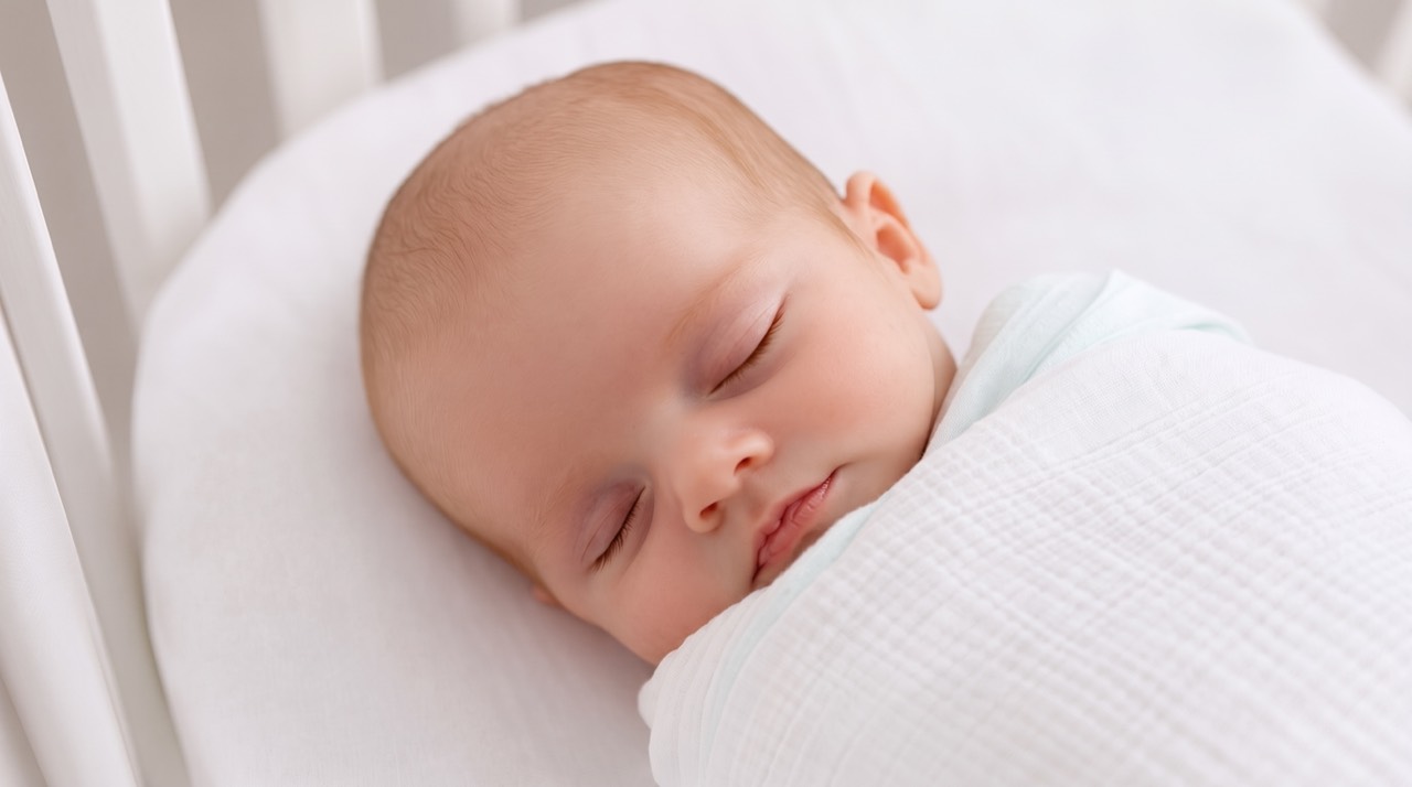 A peaceful sleeping newborn resting in a bright crib
