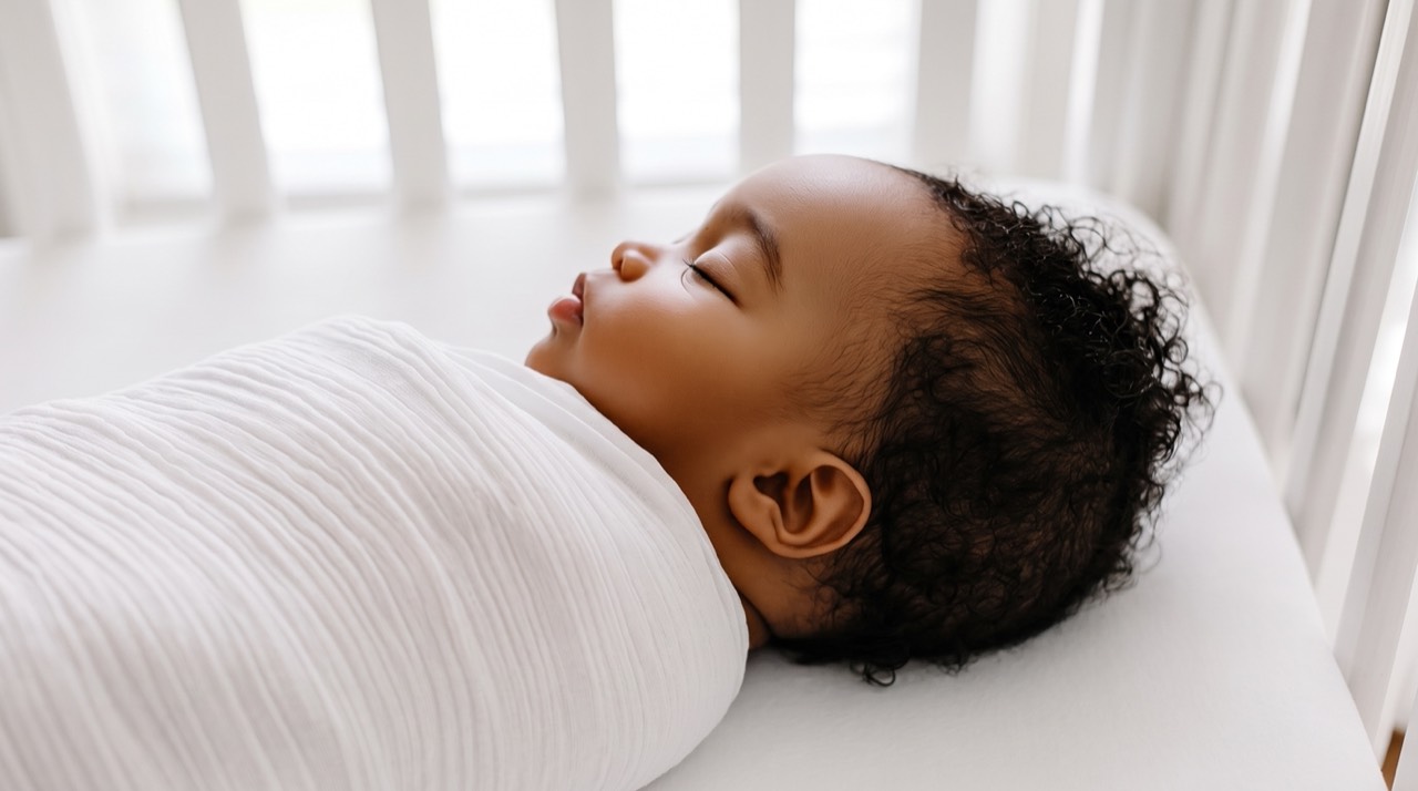 A sleeping newborn tucked beneath a soft white blanket