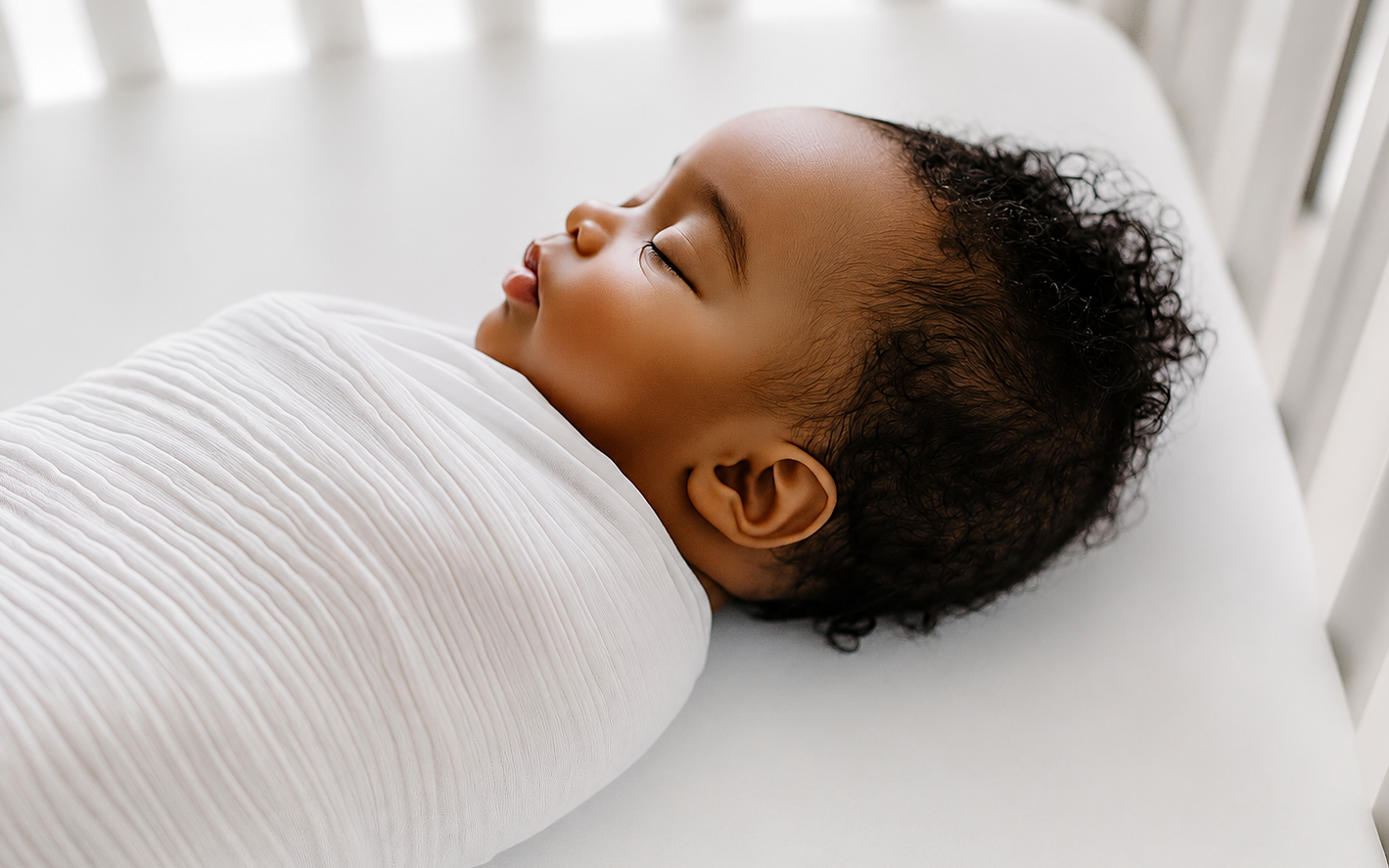 A sleeping newborn wrapped safely in a white blanket