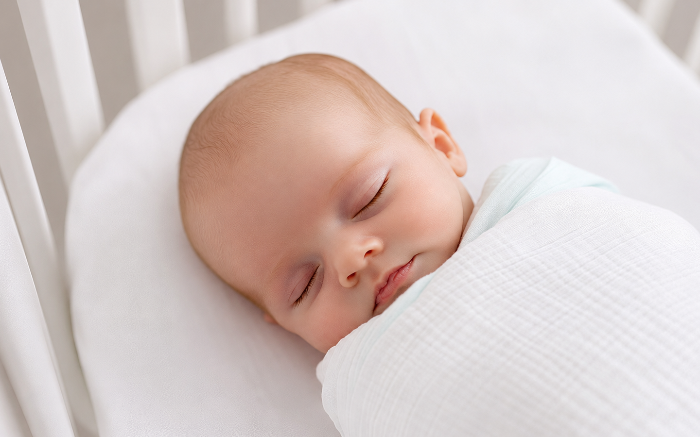 A sleeping newborn tucked beneath a soft white blanket