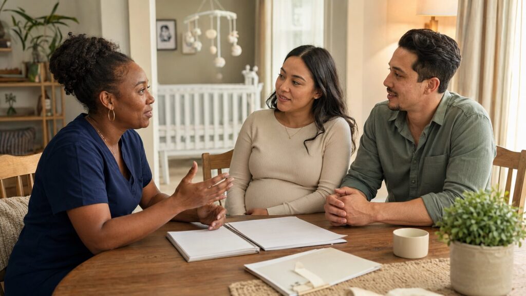 Expectant parents having an in-home consultation with a newborn-care professional