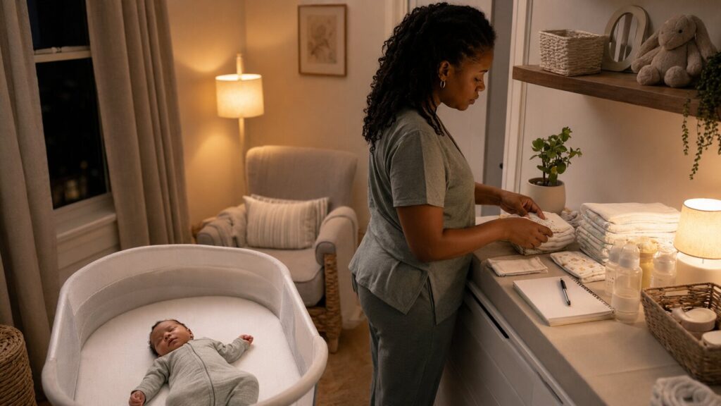A newborn sleeping safely in an empty bassinet while a caregiver organizes overnight care supplies